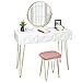 EUGAD Juego Mesa de Tocador con Taburete Acolchado de Terciopel y Espejo Giratorio 360 ° Tocador Moderno Escritorio con Espejo Mesa de Maquillaje con 3 Cajones Madera+Metal, Blanco+Oro 0016SZT