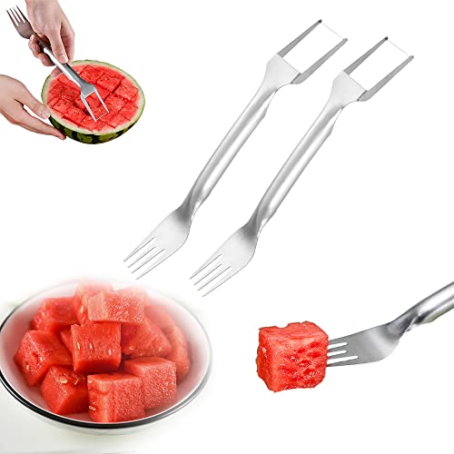 2-in-1 Watermelon Fork Slicer, Upgrade Watermelon Cutter Tool, Dual Head Stainless Steel Fruit Forks Slicer Knife, Summer Watermelon Fruit Cutting Fork for Home Parties Camping (A - 2 Pcs)