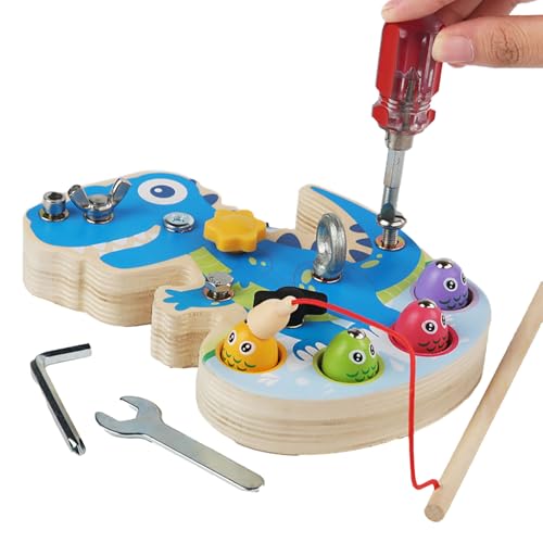 Jeu de pêche avec poissons colorés à vis et planche dinosaure ludique en bois