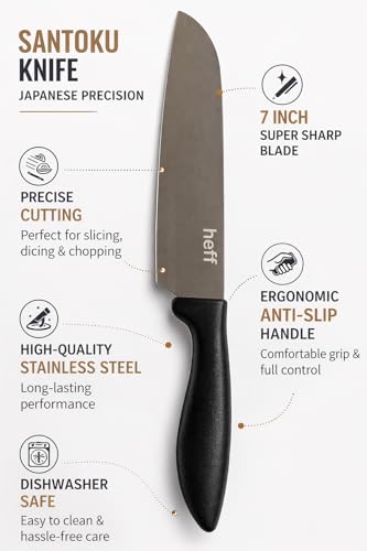 Image of Heff Santoku, Japanese Chef Kitchen Knife, Stainless Steel Blade, 7 Inch Blade (Black)