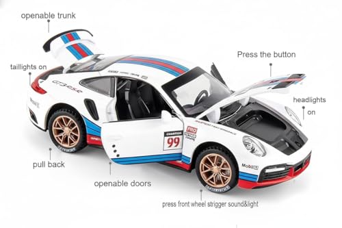 Image of Galaxy Hi-Tech Matini Porscche 911 GT3 RSR Turbo S 1:32 Scale Model Car Exclusive Alloy Metal Pull Back Die-cast Metal Toy car with Openable Doors Light Music Gifts Toys Kids【Colors as Per Stock】