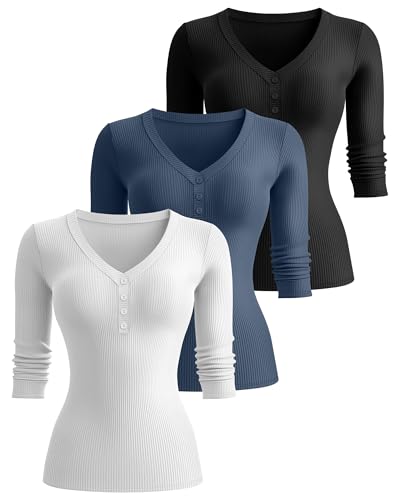 Ficerd 3 Pack Women's 3/4 Sleeve Henley Shirts, Cotton V Neck Ribbed Knit Slim Fit Shirts Tight Basic Tee2