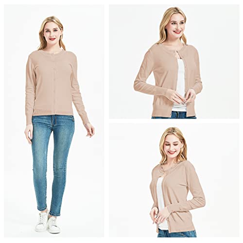 Women's Crew Neck Button Down Long Sleeve Cardigan Sweater Camel #TOP2