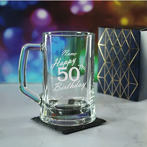 Personalised Engraved Tankard Beer Mug Stein Happy 50th Birthday Handwritten Design Gift Boxed, 16.75oz/495ml Classic Beer Glass, Any Name, Engraved in The UK - Image 3