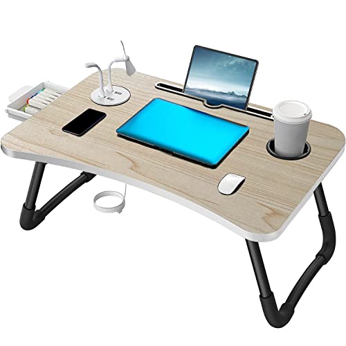 Laptop Bed Tray Table with USB Ports Handle, Portable Bed Tray Foldable Lap Desk Sturdy Portable Cup Holder for Eating, Writing, Working on Bed/Sofa with Little Gift (Small Fan, Small Lamp) (White)