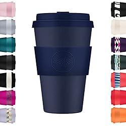 Ecoffee Cup 14oz 400ml Reusable Eco-Friendly 100% Plant Based Coffee Cup with Silicone Lid & Sleeve - Melamine Free & Biodegradable Dishwasher/Microwave Safe Travel Mug, Dark Energy
