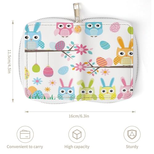 Women Leather Coin wallet, Key Change Organizer Zipper Card Holder Purse Clutch Pouch Pocket 4.5x3.15 in Print Easter Owl Cartoon Style Flowers Eggs Seamless on White3