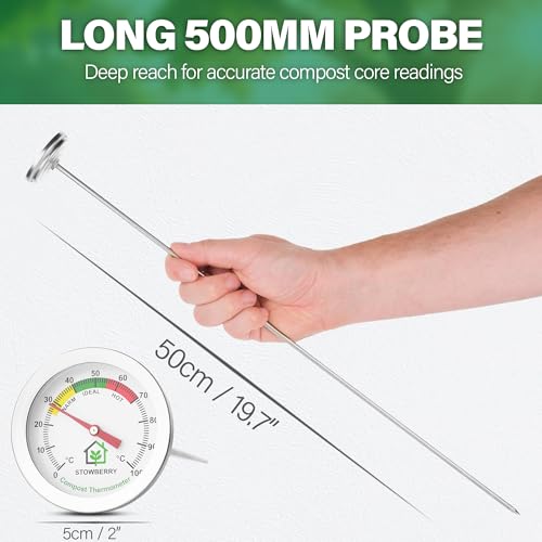 Stowberry Compost Thermometer 500Mm – Stainless Steel Soil Temperature Gauge With 50Mm Dial – Long Probe Thermometer For Garden, Backyard, And Home Composting - 2