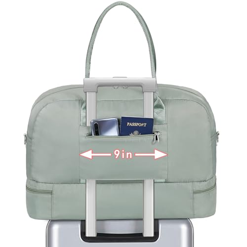 Image of Weekender Bag for Women, Large Overnight Bag Canvas Travel Duffel Bag Carry On Tote with Shoe Compartment 21 inch 3Pcs Set, D04-green, Large, Travel
