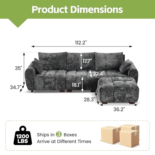 Image of 112 inch L Shaped Modular Sectional Sofa, Grey Chenille Cloud Couch, Modern Upholstered 4 Seater Couch with Removable Ottoman, Tufted Deep Seat & Wood Legs, Sectional Couches for Living Room Apartment
