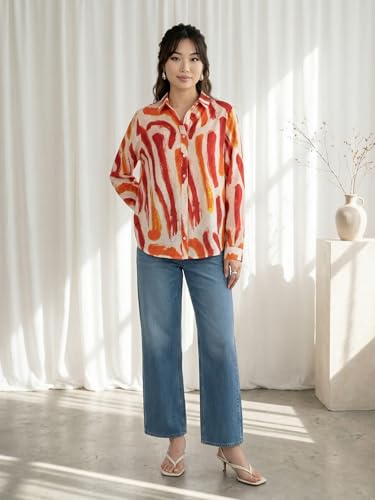 Image of OOMPH! Women Abstract Printed Smart Casual Oversized Shirt | Trendy Printed Shirts | Fun Prints | Drop Shoulder Oversized Westernwear