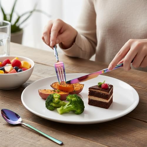 Image of 24 Pcs Rainbow Slim Handle Stainless Steel Cutlery Set for Dining Table with Spoons and Forks Set + Butterknives - The Perfect Tableware /Flatware