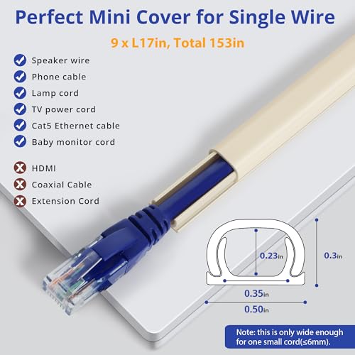 Image of One Cord Cover Wall 153in(9X L17in) - Mini Wire Hider, Wire Cover for Hiding Speaker Wire, Baby Monitor Cord - Paintable Wire Channel for Cable Concealer, W0.5in H0.3in, CMR05 Beige