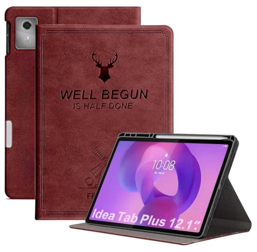 Image of ProElite Cover for Lenovo Idea Tab Plus 12.1 inch 2025 Case Cover, Deer Smart Flip Case Cover for Lenovo Idea Tab Plus 12.1 inch 2025 Tablet with Pen Holder, Wine Red