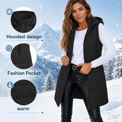 YRAETENM Long Puffer Vest Women Lightweight Hooded Warm Quilted Jackets - image 4