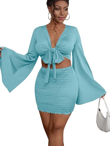 Image of LYANER Women 2 Piece Vacation Outfits Tie Knot Front Bell Long Sleeve Crop Top and Mini Skirt Summer Set