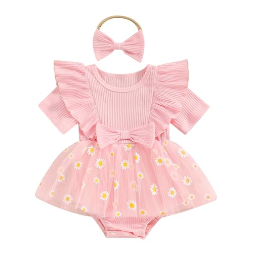 Image of Baby Girls Daisy Romper Bowknot+Headband Short Sleeve Playsuits Floral Jumpsuit Infant Summer Clothes (S-Pink, 0-3 Months)