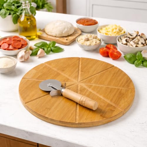 E&W Circular Bamboo Pizza Cutting Board with Cutter, 33cm - Durable and Eco-Friendly - Image 3