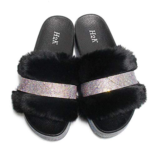 H2K Women's Fur Slides Rhinestone Glitter Platform Sandals Monica (Black,8) #TOP4