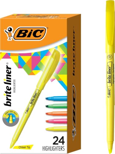 Bic Brite Liner Grip Highlighter, Chisel Tip, Assorted Colors, 24 Count