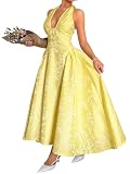 ChiaoLezhee Jacquard Maxi Dress, V Neck A Line, Wedding Guest Prom, Halter Corset Pastel Tea Party Vacation Semi Formal Garden Long Dresses for Women Drop Waist Deep Sexy Flowy, Yellow, X-Large