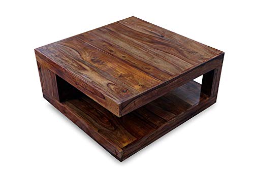 Image of Sheesham Wood Square Center Coffee Table with Open Shelf Storage Solid Wood Teapoy Tea Table for Living Room Home and Restaurants Light Walnut