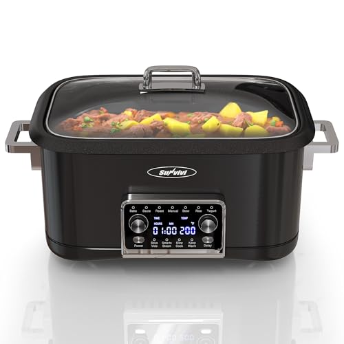 Image of Sunvivi 8 Quart Slow Cooker Roaster Oven, 12 in 1 Programmable Multi-Cooker Food Warmer with Digital Timer, Temp Control, Removable Cast Aluminum Pot & Dishwasher-Safe Tempered Glass Lid, Black