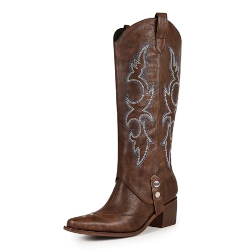 Dipyrne Women's Knee High Boots Pointed Toe Chunky Mid Heel Embroidered Weste...