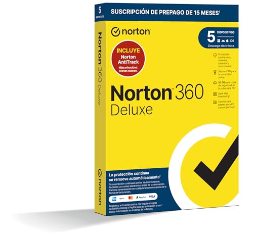 Norton 360 Deluxe Norton AntiTrack 2025 Antivirus Software para 5 Dispositivos y 15 Meses de Suscripción con Renovación Automática, Dark Web Monitoring, Secure VPN y Gestor de Contraseñas