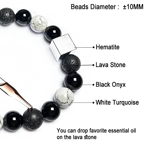 Jyucing Crystal Bracelet Natural Black Onyx Lava White Turquoise Stone Healing Stone 10Mm Round Beads Hematite Square Bead Stretch Bracelet 7.2" Unisex #TOP2