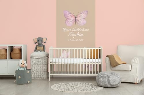 Glücksvilla - Carta da parati per bambini – Carta da parati per cameretta dei bambini, motivo farfalle, personalizzabile con testo personalizzato, autoadesivo – 12 colori sabbia (120 x 250 cm