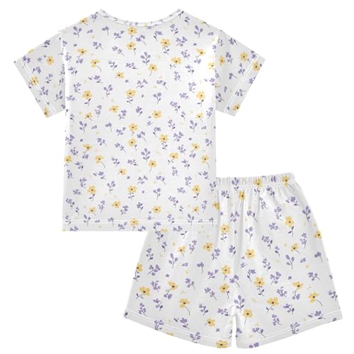 Yellow Flowers Purple Leaves Pattern Summer Cute Pajama Sets, Short Sets for Daily Wears and Sleep Wears2