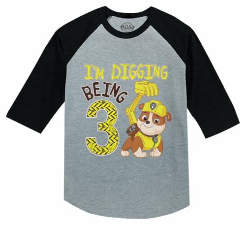 Image of Tstars Paw Patrol Rubble 3rd Birthday Baseball Tee Toddler Boy 3 /4 | Soft raglan Rubble digging tee for turning three; great for 3rd birthday, construction party, photo gift