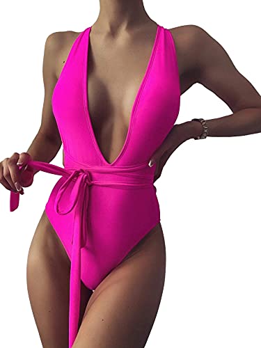 Lilosy Sexy Push Up Tummy Control Plunge Backless High Cut Leg Thong Cheeky Brazilian 1 One Piece Bikini Swimsuit Women Open Back Bathing Suit Self Tie Criss Cross Monokini Hot Pink Small #TOP5