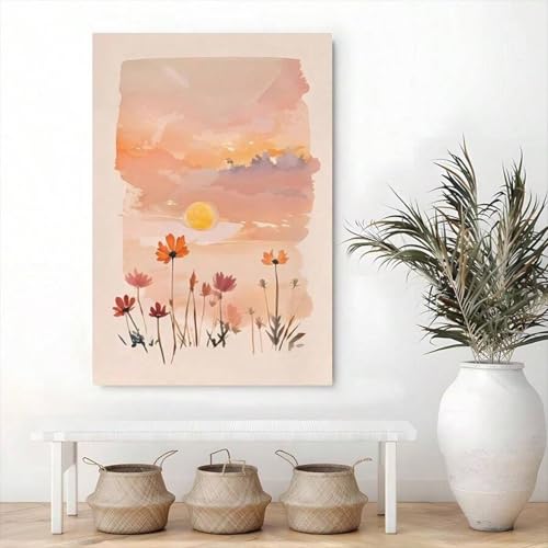 Impression sur toile fleurs sauvages et coucher de soleil sous cadre 60x90 cm