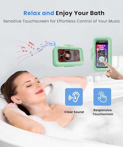 Image of URROY Shower Phone Holder Waterproof One-Touch Open Shower Phone Case Anti-Fog & Sensitive Touchscreen Bathroom Wall Phone Mount Stand Universal Fit for iPhone & Smartphones Gift for Men Women Green