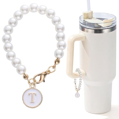Image of Letter Charm for Stanley Cup，Pearl Chain Accessories Stanley Cup Initial Charms for Handle Stuff Decor Water Bottle Jewelry Tumbler Cute Simple Modern Personalized Name ID Decorations (T)