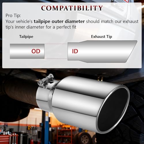 Image of Exhaust Tip 4 inch Inlet 6 inch Outlet 12 inch Long, High Performance Stainless Steel, Rustproof Polished Finish, Rolled Angle Cut, Bolt-On Diesel Tail Pipe, Universal for Car Truck
