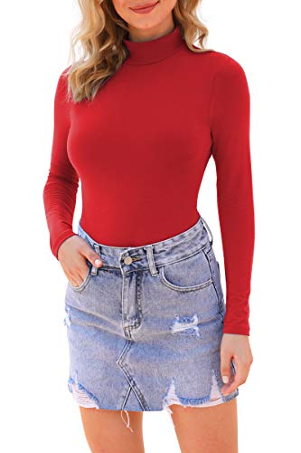 LAOLASI Women's Mock Turtle Neck Long Sleeve Slim Fit Casual Sexy Basic Bodysuit Daily Jumpsuit Shirts, 04-Red, Medium