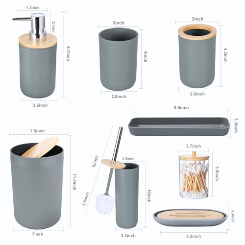 iMucci 9Pcs Grey Bathroom Accessories Set with Trash Can,Toilet Brush,Toothbrush Holder, Lotion Soap Dispenser, Soap Dish,Toothbrush Cup,Vanity Tray,Qtip Holder