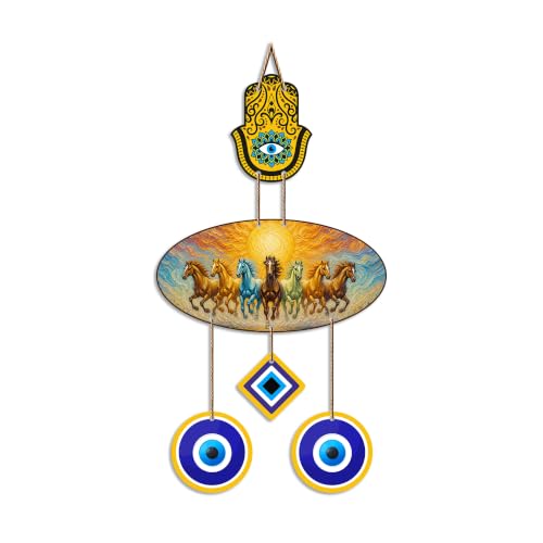 Image of Artvibes Premium Seven Running Horses Evil Eye Wall Decor for Home Entrance | Lucky Vastu Wall Hanging for Success Prosperity Wealth and Positive Energy | Living Room | Office | Gift Item (WH 85133N)