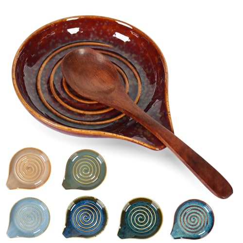 STE-CER Ceramic Spoon Rest for Stove Top,Large Spoon Holder, Cooking Utensil Rest for Kitchen Counter, Farmhouse Kitchen Accessories for Ladle, Spatula rest(6.3 Inch with handle) (Reddish Brown)