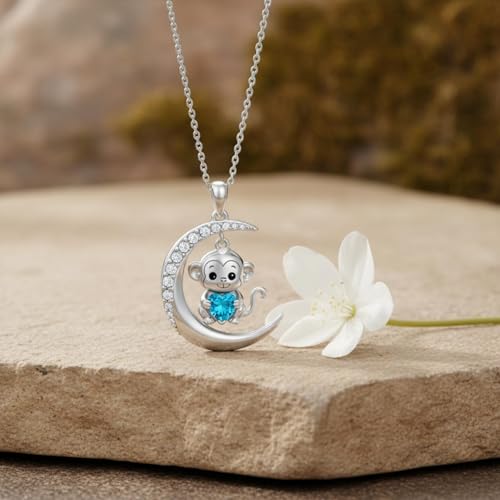 Image of PROESS Animal Birthstone Necklace 925 Sterling Silver Otter /Axolotl /Hippo /Elephant /Dachshund /Monkey /Red Panda Pendant Necklace Animal Birthstone Jewelry Gifts for Women