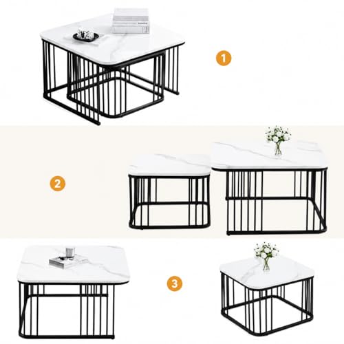 Image of Square Nesting Table Set of 2 - Marble MDF Top Coffee & Side Tables with Iron Frame for Living Room, Bedroom & Home Decor (Black & White, L-51x48 cm, S-41x41 cm)