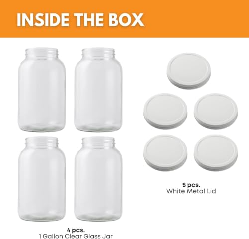 Image of FastRack 4-Pack 1 Gallon Glass Jar with 5 Airtight Metal Lids (1 Extra Bonus Lid) | Wide Mouth Jars for Fermenting, Pickling, Sourdough Starter, and Home Brewing | Heavy Duty Food Storage Canisters