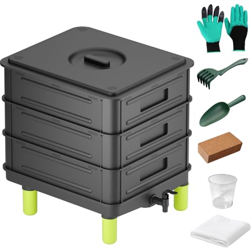 3-Layer Worm Composter, 50L Worm Compost Bin for Indoor & Outdoor, Worm Farm Starter Kits for Vermicomposting Starter, Garden Composting Bin for Recycling Food Waste (Black)