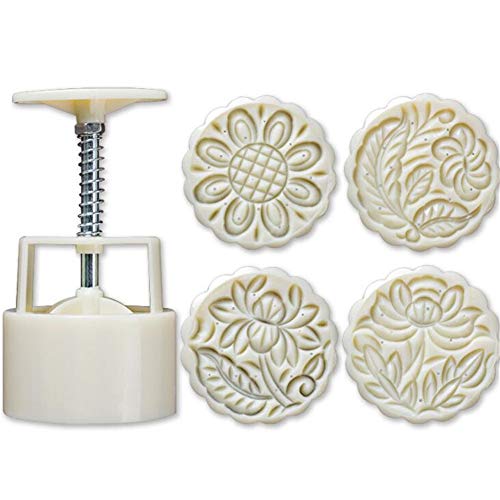 5pcs/Set Round Mooncake Mold, Hand Pressure Maker Mould+ 4 Flower Stamps Mode Plunger Kit, Plastic Cookies Cutter, Moon Cake Mould, Baking Pastry Decor Tool, Kitchen DIY Bakeware (125g Flower)