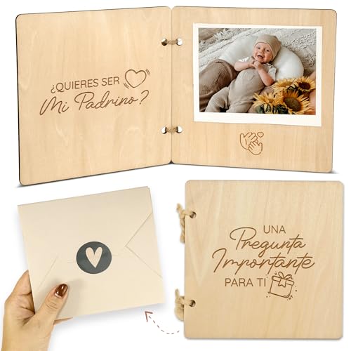 Quer ser a minha madrinha de batizado? Quer ser meu padrinho? - Presente padrinhos batizado - padrinhos batizado proposta em livrinho de madeira com espaço para foto do seu bebé | Mikito