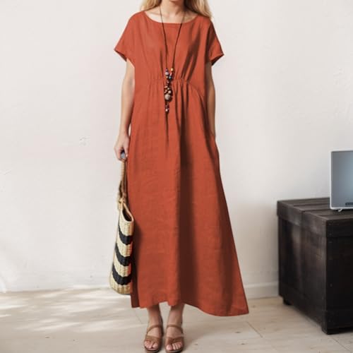 Akivide Womens Flowy Cotton Linen Dress Crewneck Short Sleeve Summer Casual Solid Vacation Midi Dress with Pockets2