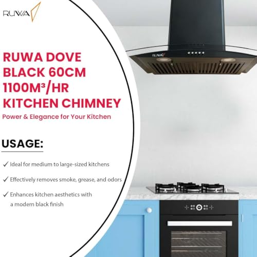RUWA DOVE 60cm Wall Mount Kitchen Chimney | 1100 m³/hr Suction | Stainless Steel Baffle Filter | Push Button Controls | 3W LED Lights | Plastic Oil... - Image 5